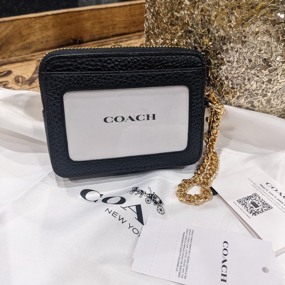 Coach Refined Pebbled Leather Zip Pocket Card Case With Chain Handle Nwt ❤️ - Picture 3 of 4